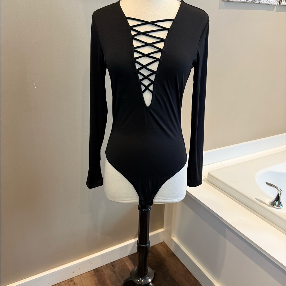 Black Long Sleeve Lace-Up V-Neck Bodysuit